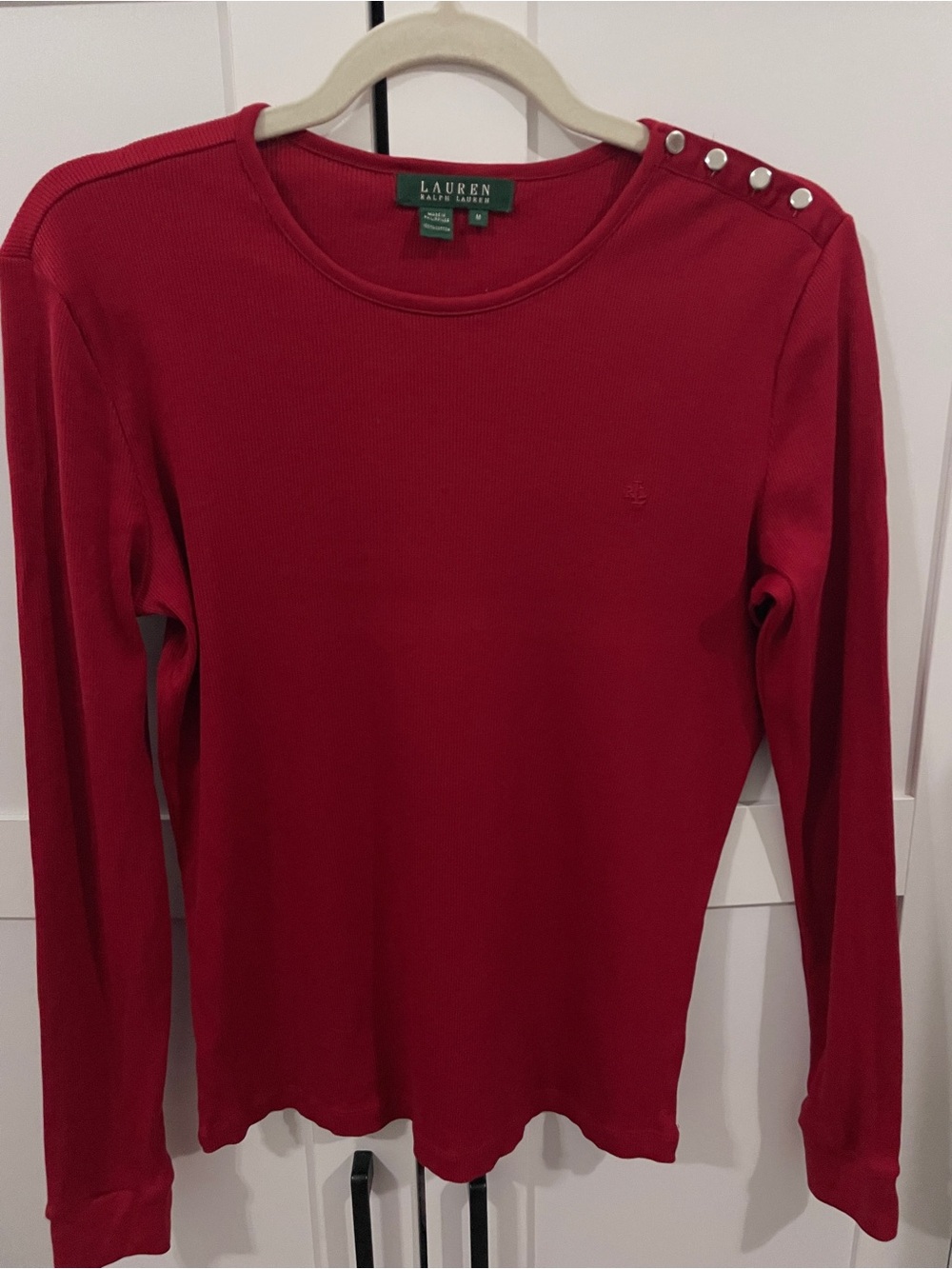 Lauren Ralph Lauren Red Long-Sleeve Silver Button-Shoulder Cotton Womens Red M